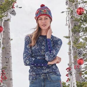 Sundance Thermal Crew Top Sz PM Waffle Knit Floral Blue Pink Velvet Cuff Boho